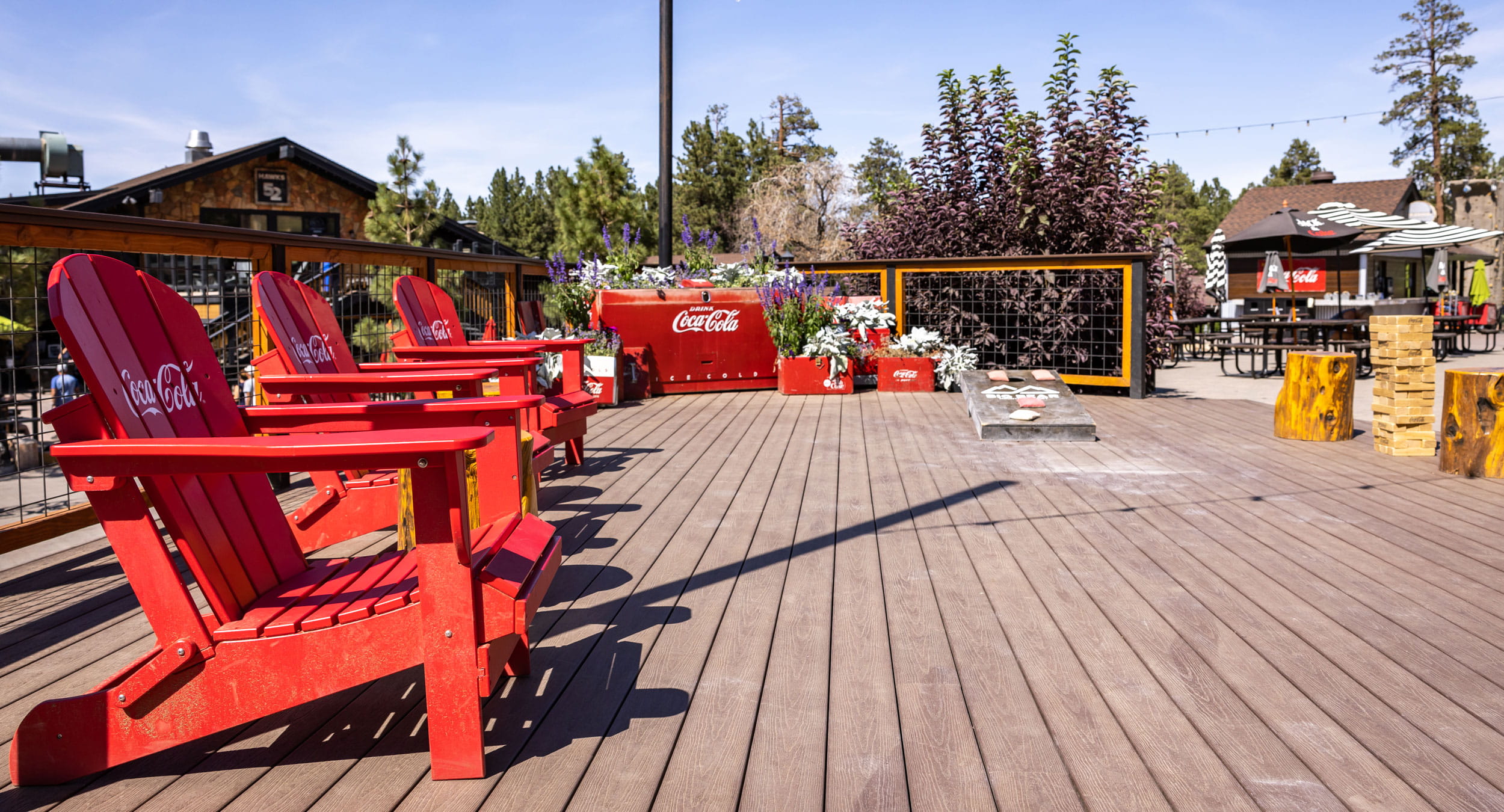 Red lounge chairs on a sun deck